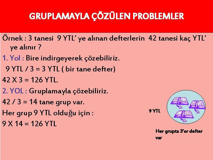 GRUPLAMAYLA ÇÖZÜLEN PROBLEMLER Örnek : 3 tanesi 9 YTL’ ye alınan defterlerin 42 tanesi