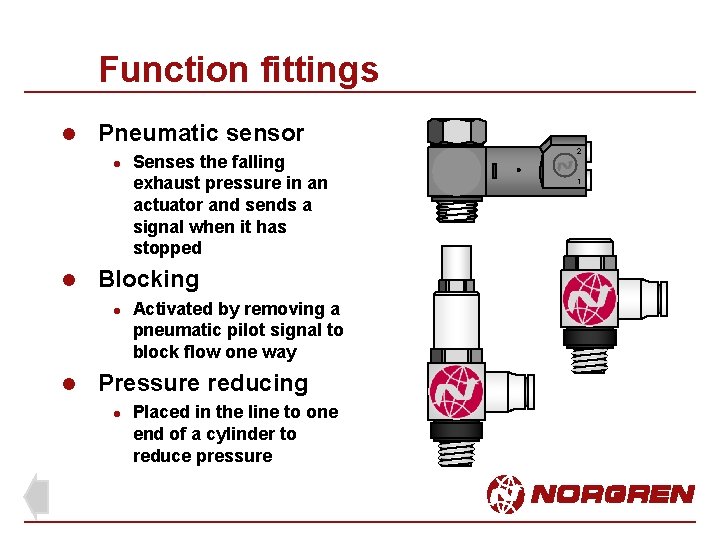 Function fittings l Pneumatic sensor l l Blocking l l Senses the falling exhaust