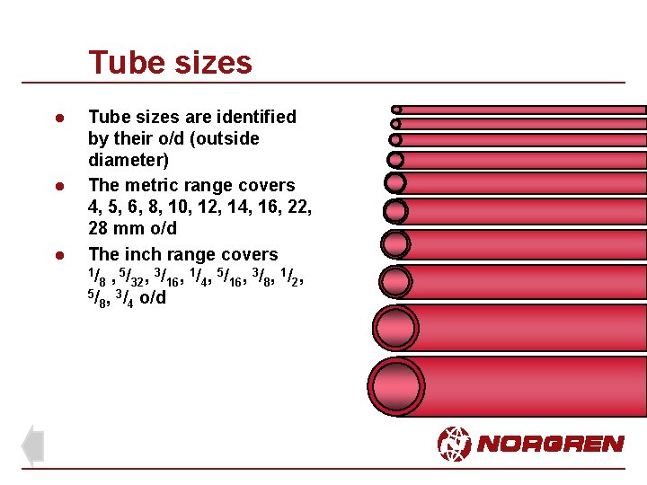 Tube sizes l l l Tube sizes are identified by their o/d (outside diameter)