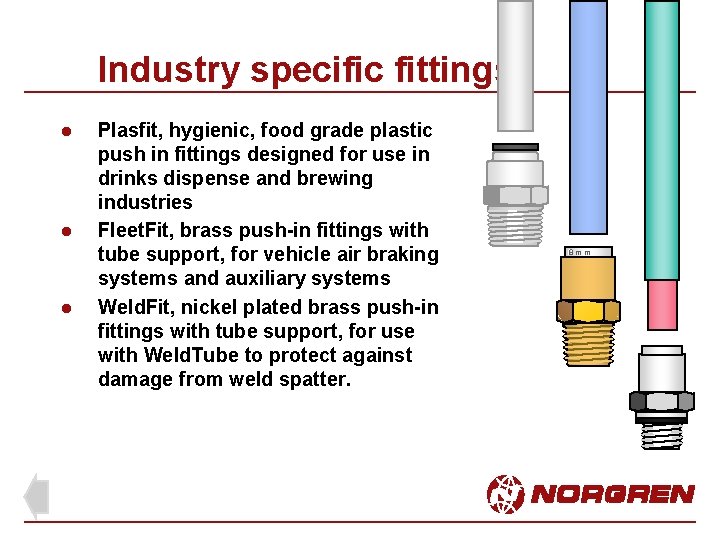 Industry specific fittings l l l Plasfit, hygienic, food grade plastic push in fittings