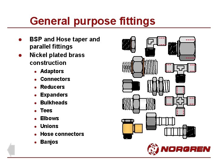 General purpose fittings l l BSP and Hose taper and parallel fittings Nickel plated