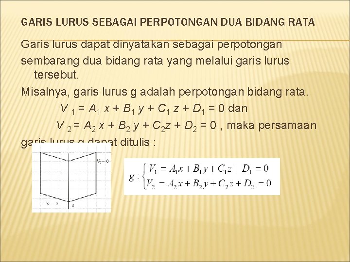 GARIS LURUS SEBAGAI PERPOTONGAN DUA BIDANG RATA Garis lurus dapat dinyatakan sebagai perpotongan sembarang