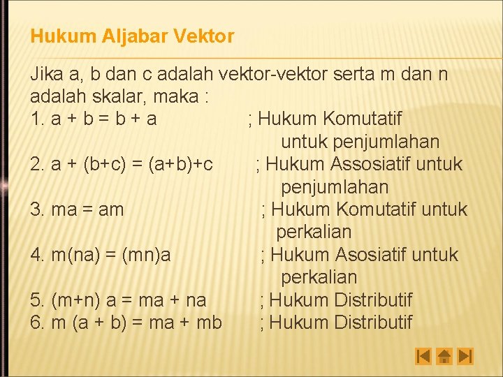 Hukum Aljabar Vektor Jika a, b dan c adalah vektor-vektor serta m dan n