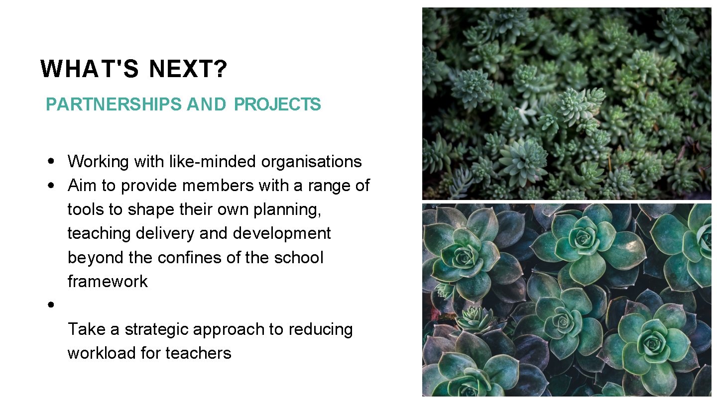 WHAT'S NEXT? PARTNERSHIPS AND PROJECTS Working with like-minded organisations Aim to provide members with