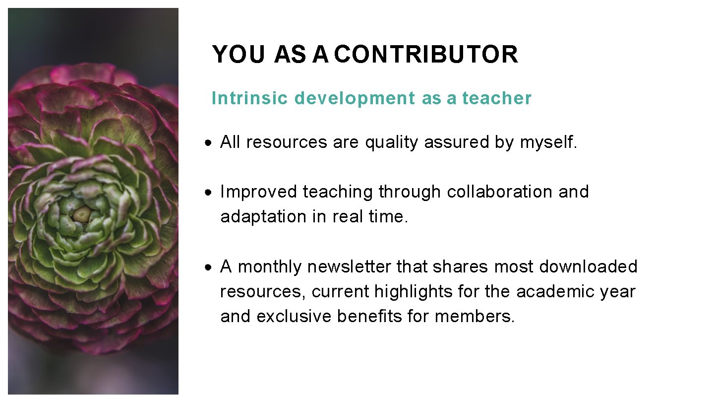 YOU AS A CONTRIBUTOR Intrinsic development as a teacher All resources are quality assured