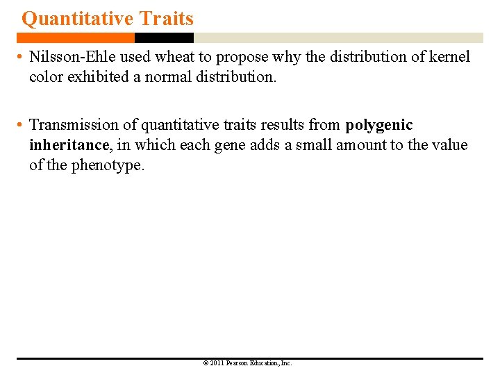 Quantitative Traits • Nilsson-Ehle used wheat to propose why the distribution of kernel color
