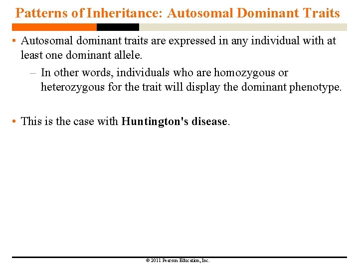 Patterns of Inheritance: Autosomal Dominant Traits • Autosomal dominant traits are expressed in any