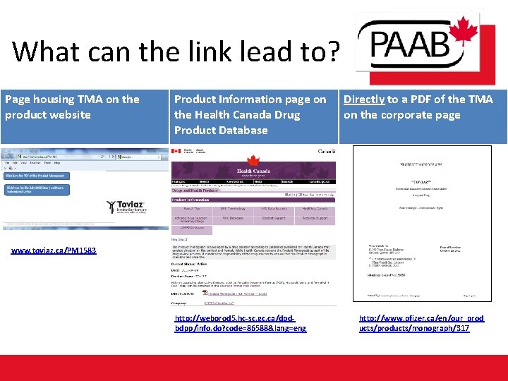 What can the link lead to? Page housing TMA on the product website Product
