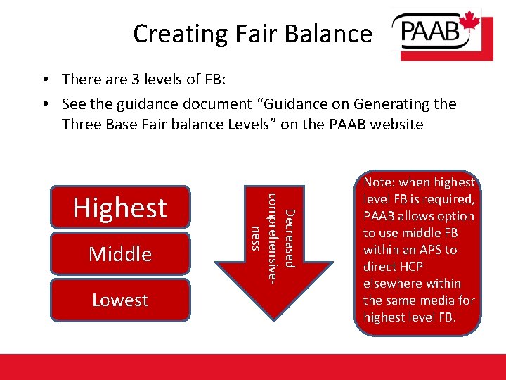 Creating Fair Balance • There are 3 levels of FB: • See the guidance