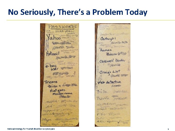 No Seriously, There’s a Problem Today National Strategy for Trusted Identities in Cyberspace 5