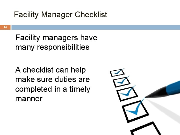 Facility Manager Checklist 14 Facility managers have many responsibilities A checklist can help make