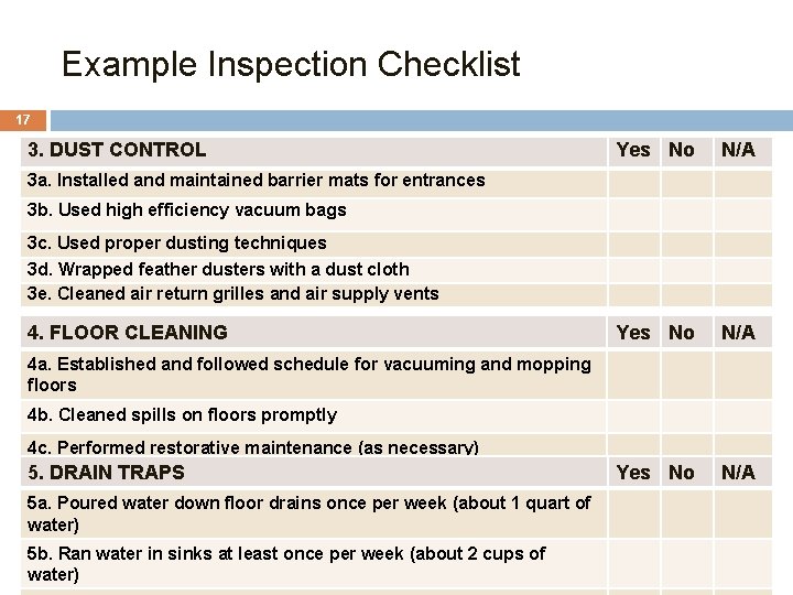 Example Inspection Checklist 17 3. DUST CONTROL Yes No N/A 3 a. Installed and