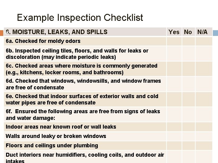 Example Inspection Checklist 6. MOISTURE, LEAKS, AND SPILLS 18 6 a. Checked for moldy