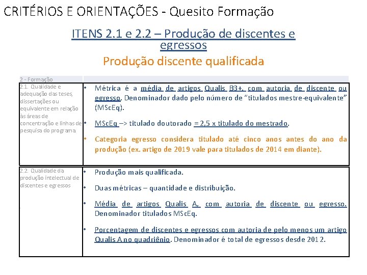 CRITÉRIOS E ORIENTAÇÕES - Quesito Formação ITENS 2. 1 e 2. 2 – Produção