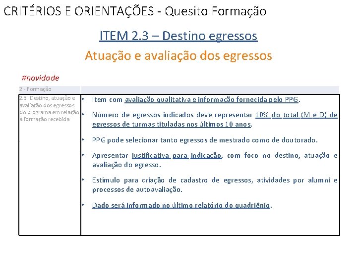 CRITÉRIOS E ORIENTAÇÕES - Quesito Formação ITEM 2. 3 – Destino egressos Atuação e