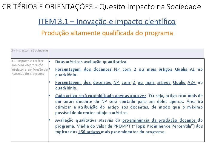 CRITÉRIOS E ORIENTAÇÕES - Quesito Impacto na Sociedade ITEM 3. 1 – Inovação e