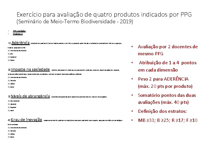 Exercício para avaliação de quatro produtos indicados por PPG (Seminário de Meio-Termo Biodiversidade -