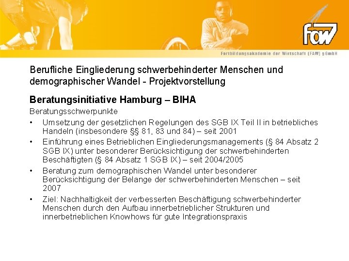 Berufliche Eingliederung schwerbehinderter Menschen und demographischer Wandel - Projektvorstellung Beratungsinitiative Hamburg – BIHA Beratungsschwerpunkte