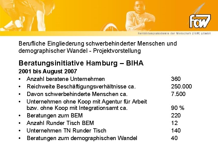 Berufliche Eingliederung schwerbehinderter Menschen und demographischer Wandel - Projektvorstellung Beratungsinitiative Hamburg – BIHA 2001