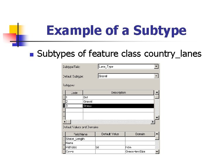 Example of a Subtype n Subtypes of feature class country_lanes 