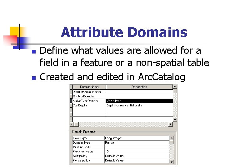 Attribute Domains n n Define what values are allowed for a field in a