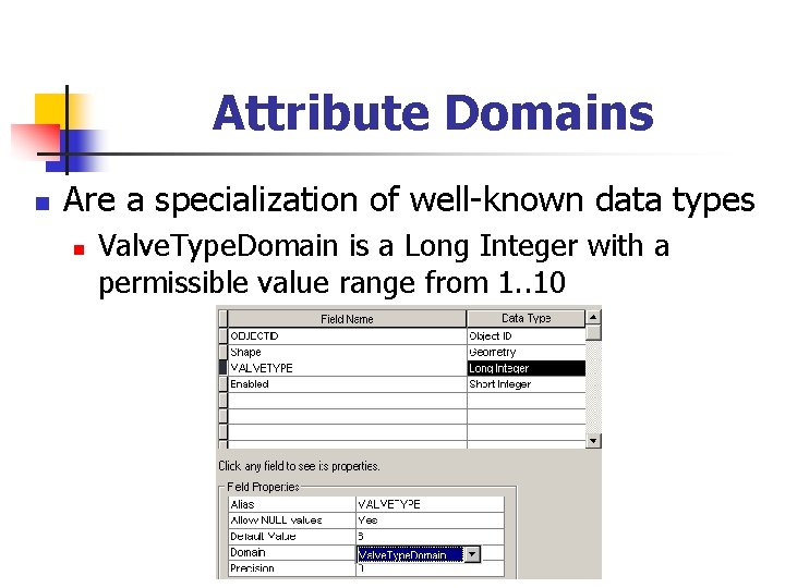 Attribute Domains n Are a specialization of well-known data types n Valve. Type. Domain