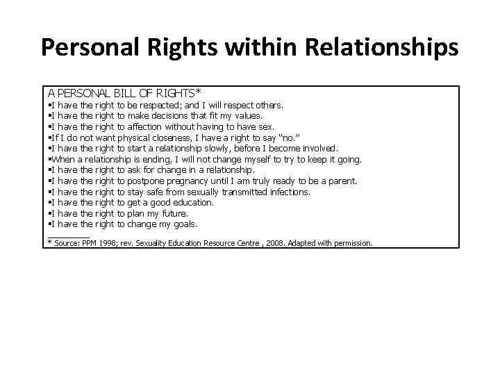 Personal Rights within Relationships A PERSONAL BILL OF RIGHTS* I have the right to