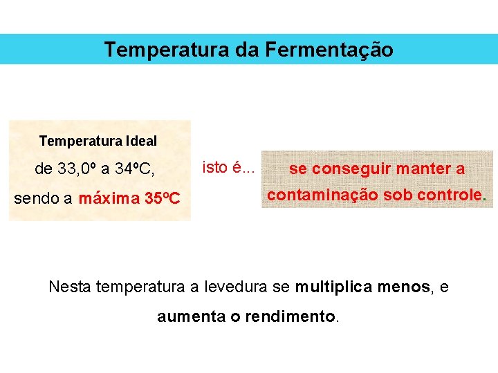 Temperatura da Fermentação Temperatura Ideal isto é. . . de 33, 0º a 34ºC,