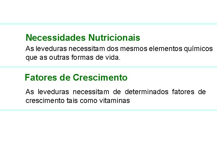 FERMENTAÇÃO - FISIOLOGIA DAS LEVEDURAS Necessidades Nutricionais As leveduras necessitam dos mesmos elementos químicos