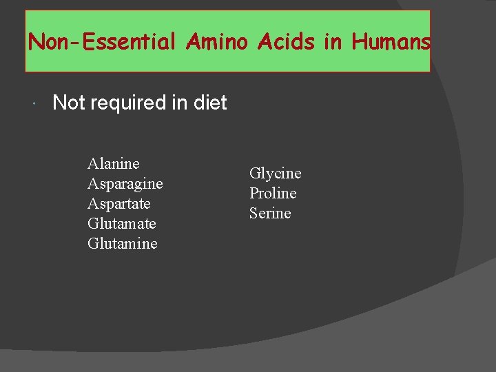 Non-Essential Amino Acids in Humans Not required in diet Alanine Asparagine Aspartate Glutamine Glycine