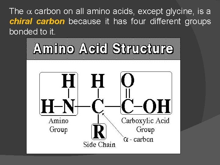 The carbon on all amino acids, except glycine, is a chiral carbon because it