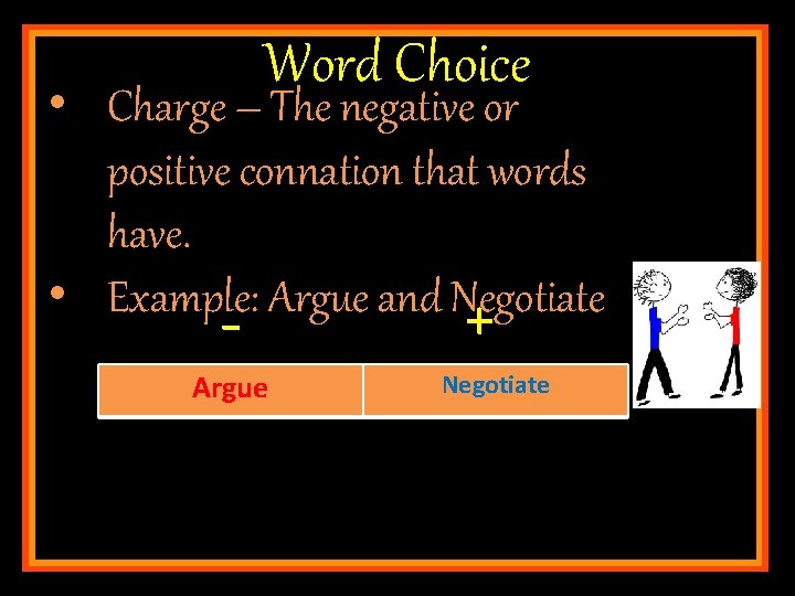 Word Choice • Charge – The negative or positive connation that words have. •