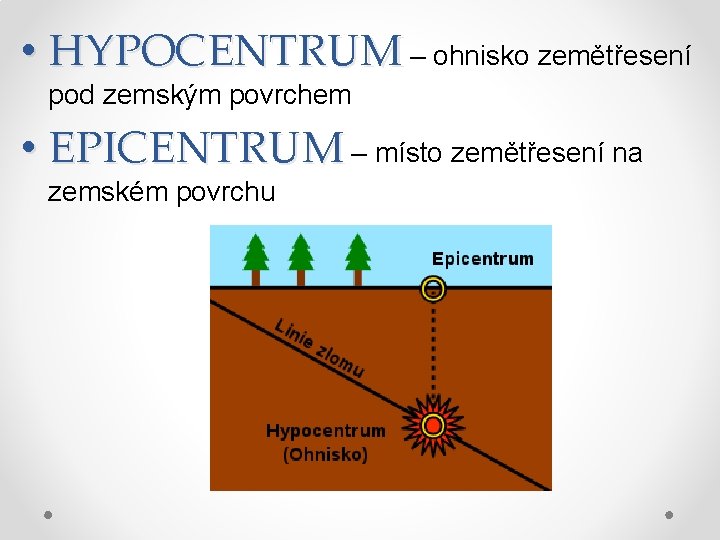  • HYPOCENTRUM – ohnisko zemětřesení pod zemským povrchem • EPICENTRUM – místo zemětřesení