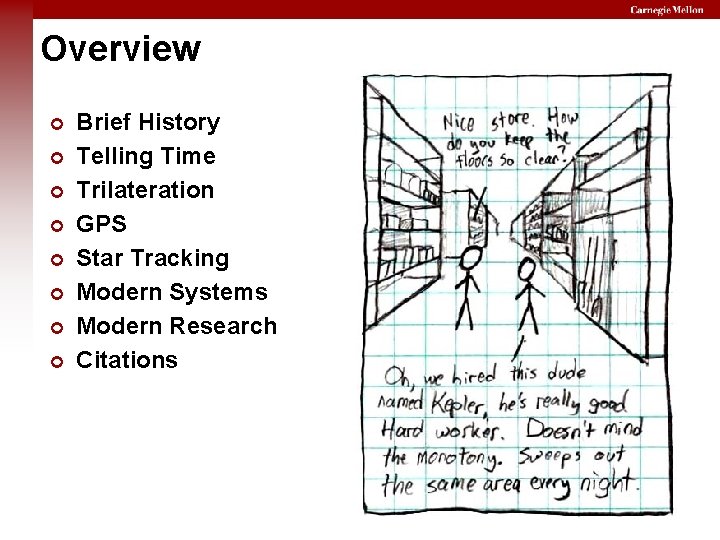 Overview Brief History Telling Time Trilateration GPS Star Tracking Modern Systems Modern Research Citations