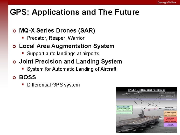GPS: Applications and The Future MQ-X Series Drones (SAR) Predator, Reaper, Warrior Local Area