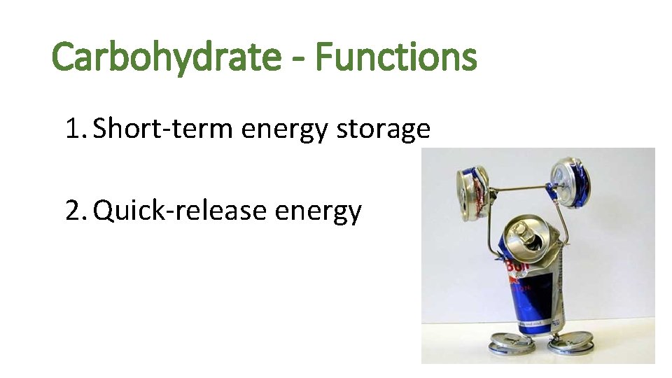 Carbohydrate - Functions 1. Short-term energy storage 2. Quick-release energy 