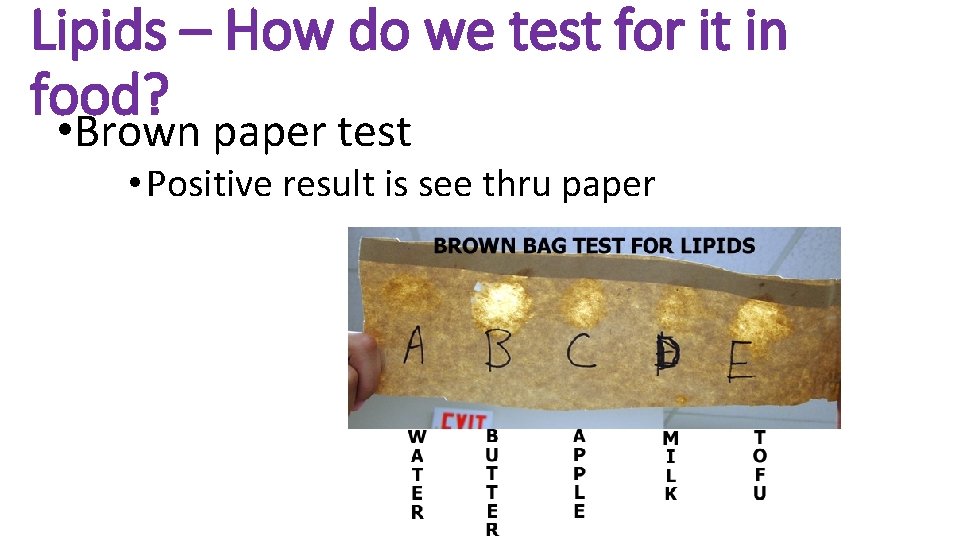 Lipids – How do we test for it in food? • Brown paper test