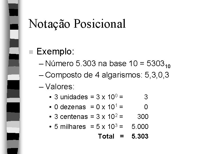 Notação Posicional n Exemplo: – Número 5. 303 na base 10 = 530310 –