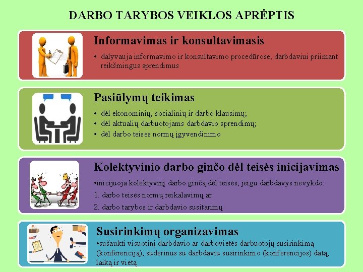DARBO TARYBOS VEIKLOS APRĖPTIS Informavimas ir konsultavimasis • dalyvauja informavimo ir konsultavimo procedūrose, darbdaviui