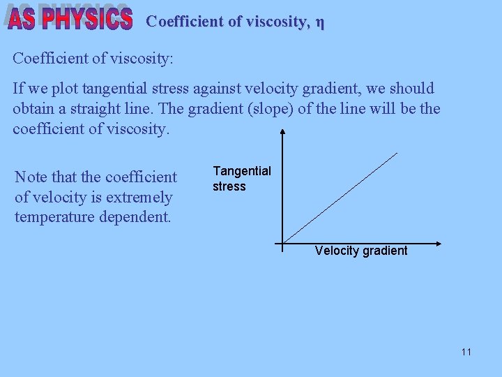 Coefficient of viscosity, η Coefficient of viscosity: If we plot tangential stress against velocity