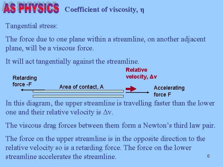 Coefficient of viscosity, η Tangential stress: The force due to one plane within a