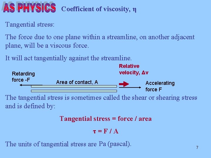 Coefficient of viscosity, η Tangential stress: The force due to one plane within a
