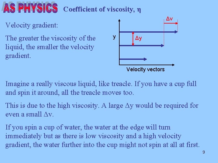 Coefficient of viscosity, η Δv Velocity gradient: The greater the viscosity of the liquid,