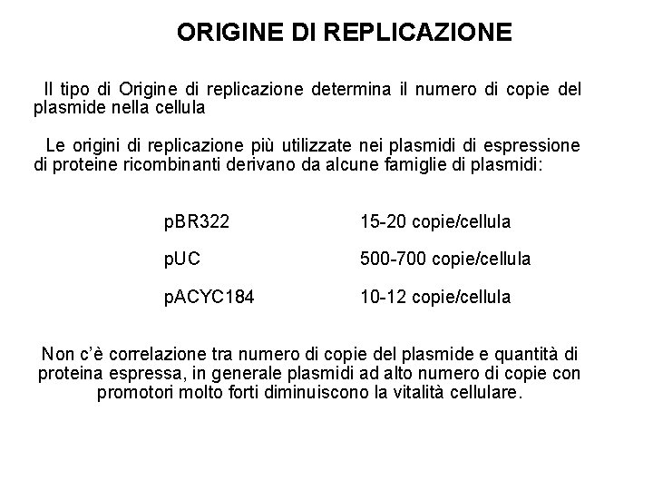 ORIGINE DI REPLICAZIONE Il tipo di Origine di replicazione determina il numero di copie