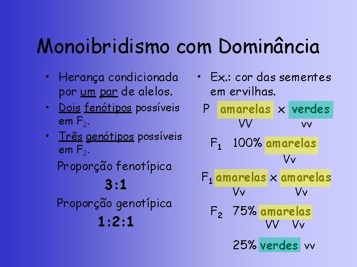 Monoibridismo com Dominância • Herança condicionada por um par de alelos. • Dois fenótipos