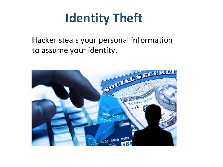Identity Theft Hacker steals your personal information to assume your identity. 