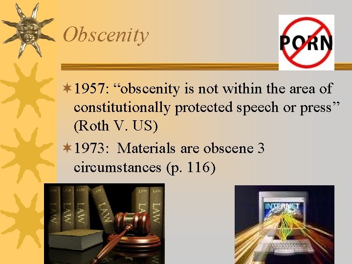 Obscenity ¬ 1957: “obscenity is not within the area of constitutionally protected speech or
