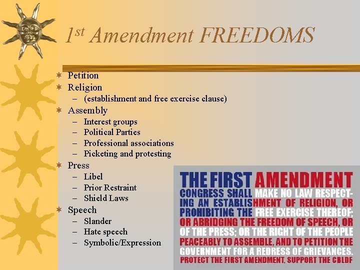 st 1 Amendment FREEDOMS ¬ Petition ¬ Religion – (establishment and free exercise clause)