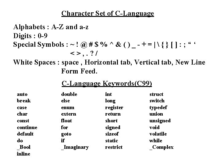 Character Set of C-Language Alphabets : A-Z and a-z Digits : 0 -9 Special