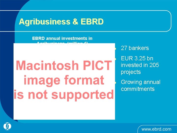 Agribusiness & EBRD annual investments in Agribusiness (million €) l l l 27 bankers